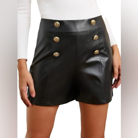 Zara - Black Faux Leather Shorts with Buttons - Size Large - Picture 4 of 6
